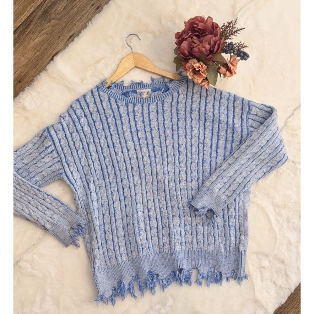 Bibi Women Sweater Size L Cable Knit Long Sleeve Distressed Chunky Blue - Picture 9 of 13